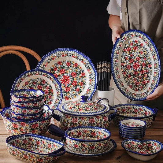 Polish Baking Dish Hand-Painted Kitchen Tableware Baking Dish Ceramic Bowl Salad Dessert Steak Pasta Dish Fruit Tray Decoration