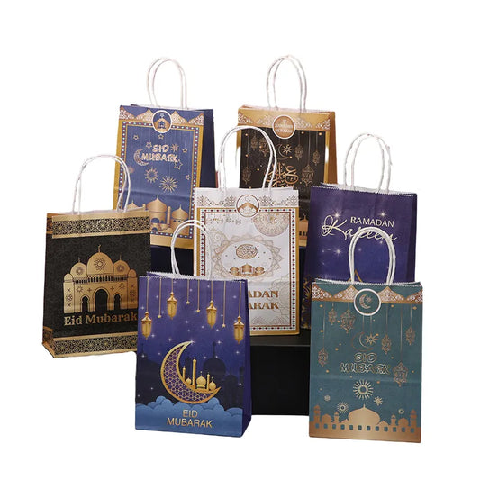 6Pcs Eid Mubarak Kraft Paper Gift Bags Cookie Candy Packaging Box Ramadan Kareem Muslim Islamic Festival Party Favors Decoration