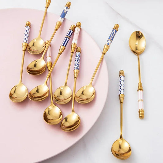 Stainless Steel Coffee Stirring Spoon Flatware Ceramic Long Handle Ice Cream Teaspoon Gold-plated Dessert Spoon