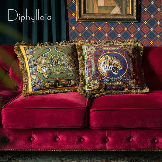 Diphylleia Tiger Cushion Cover Authentic Retro Style High Quality Italy Velvet Fringed Pillow Case Luxurious Home Decorative