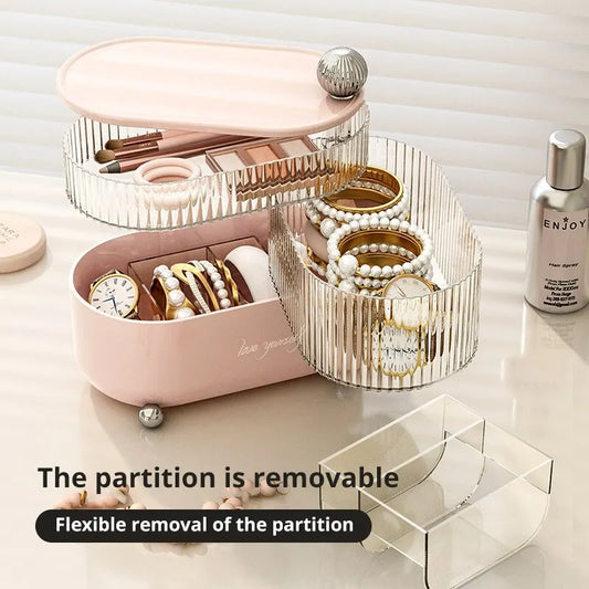 1pc Pink/White Rotating Jewelry Storage Box 3 Layers Plastic Stand Earrings Ring Box Cosmetics Beauty Organizer