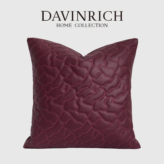 DAVINRICH Retro Bordeaux Red Throw Pillow Cushion Cover Faux Leather Hide Quilted Modern Luxury Art Pillowcase For Couch Sofa