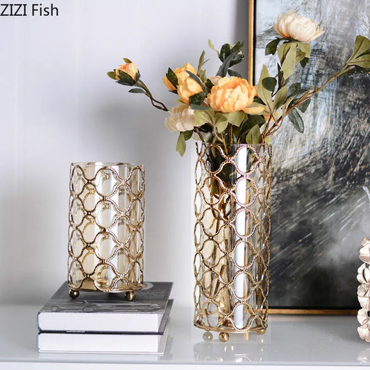 Hollow Out Glass Vases Golden Flower Arrangement Metal Candlestick Multifunctional Ornaments Modern Floral Home Decoration