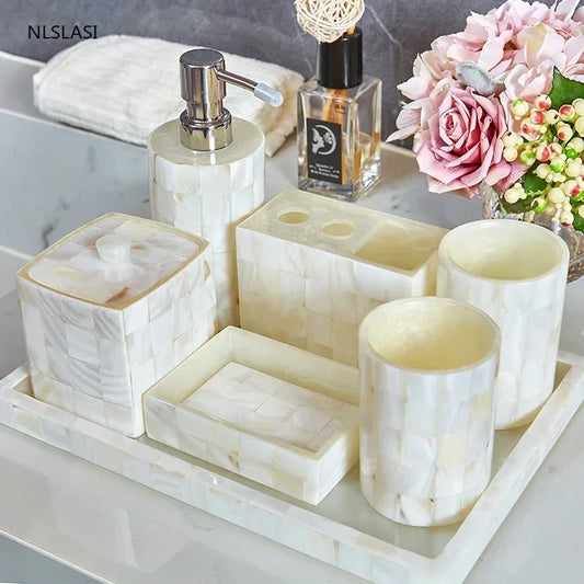 Nordic Shell Pattern Resin Bathroom Supplies Set Cup with Tray Accessories Toothbrush Holder Soap Dispenser Soap Dish Mouth