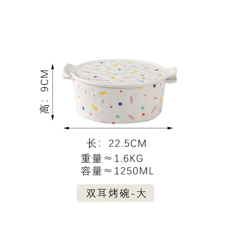 High-capacity Ceramic Baking Bowl Double Ear Baking Bowl Plate Baking Cheese Baking Rice Plate Bowl Soup Bowl
