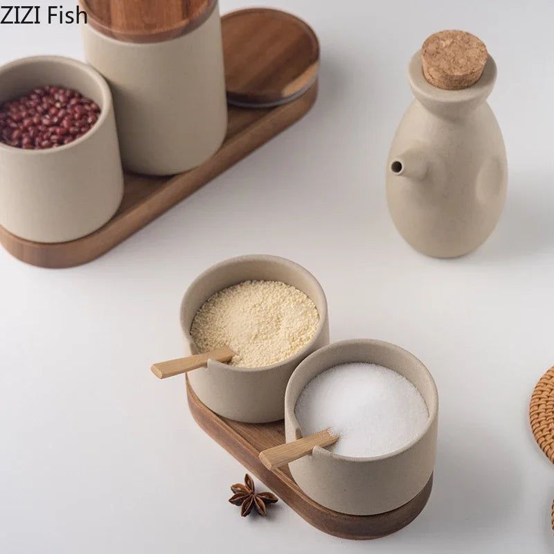 Japanese Kitchen Spice Jar Combination Salt and Pepper Shaker Oil Pot Set Ceramic Seasoning Jar Home Solid Color Seasoning Tool