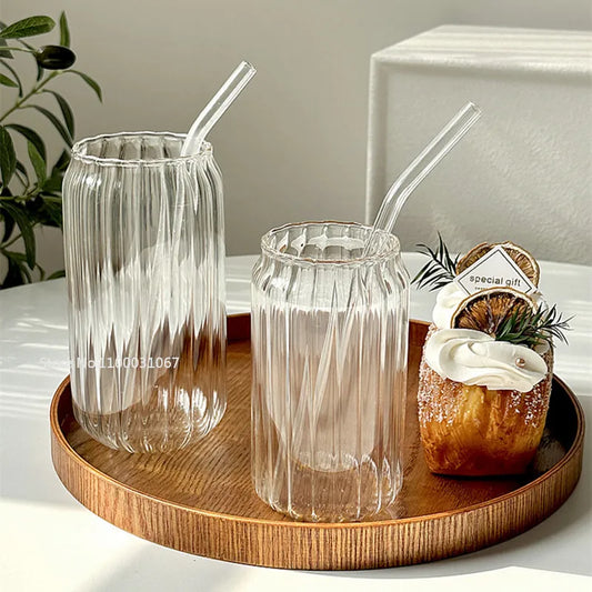 400/500ml Stripes Transparent Drinking Coffee Glass Cup with Lip Straws Wine Milk Beer Cola Juice Cold Drinkware Handmade Can